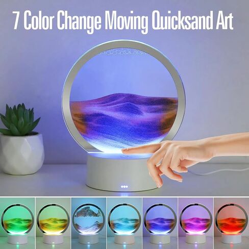Moving Sand Art Liquid Motion, With Light (7 Color/Touch Control), Round Glass Quicksand Painting, 3D Flow Sand Art Picture - Relaxing Sensory Desktops Decoration for Home & Office (Blue Sand) in Saudi Arabia