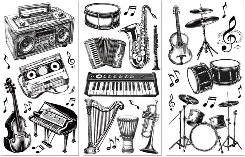 Rub on Transfer Decal for Furniture Craft Decor 6"x12", 3Pcs Black and White Musical Instruments Waterproof UV DTF Transfer Sticker for Dresser Lingerie Chests Drawer Porcelain Wood Plastic in Kuwait