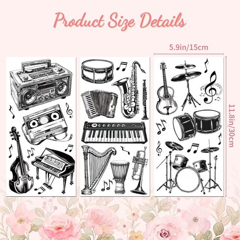 Rub on Transfer Decal for Furniture Craft Decor 6"x12", 3Pcs Black and White Musical Instruments Waterproof UV DTF Transfer Sticker for Dresser Lingerie Chests Drawer Porcelain Wood Plastic in Kuwait