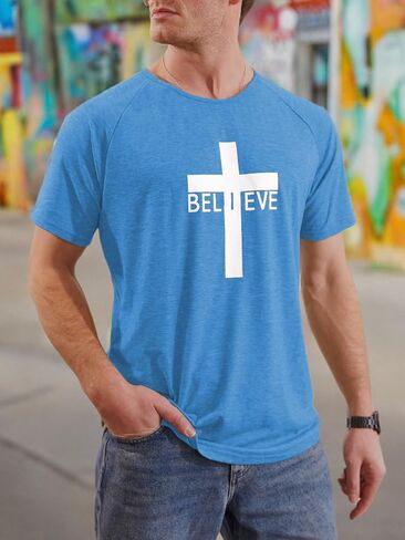 Men's Short Sleeve Fitted Gym T-Shirts with Believe Cross Graphic Christian Shirts in Saudi Arabia