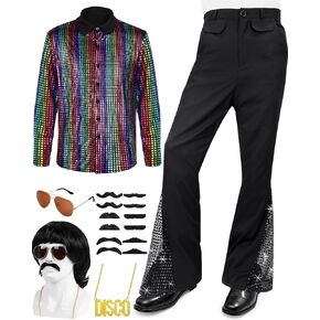 Mepase 70s Kids Disco Outfit Costume Boys Bell Bottom Pants Shirts Wigs Necklace Mustache Disco Party