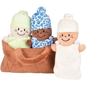 Creative Minds Basket of Babies with 3 Super Soft 9" Plush Doll Toys for Babies and Kids, Plush Multicultural Sensory Babies Toy Set with Basket, Green, White, Blue