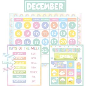 Classroom Calendar Bulletin Board Pastel Calendar Bulletin Board with Seasons Weather Chart CTP Paper-Cuts for Nursery Elementary Middle School Classroom Wall Decor
