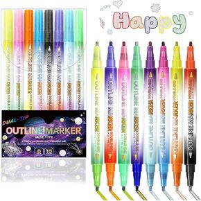 Double Line Outline Markers,8 Pcs Dual Tips Metallic Outline Marker Quick Dry Self-outline Shimmer Markers Drawing Pens for Card Poster Headline Making, DIY Bullet Journal Planner Scrapbook Art