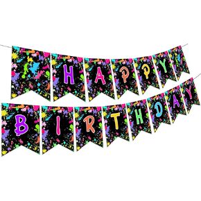 Sursurprise Glow In the Dark Party Banner, Paint Happy Birthday Banner, Colorful Graffiti Splash Party Birthday Decorations, Black Night Glowing Party Supplies