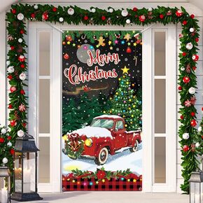 Christmas Door Covers Christmas Red Truck Door Cover with Rope Merry Christmas Door Cover Decoration Xmas Buffalo Plaid Door Cover Christmas Tree Background for Holiday Party Supplies Farmhouse Decor
