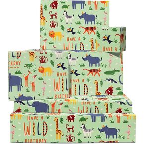 CENTRAL 23 Jungle Wrapping Paper - 6 Sheets of Gift Wrap with Tags - 'Have a Wild Birthday' - Zebra, Elephant, Giraffe, Flamingo, Lion - Safari Wrapping Paper for Kids - Girls & Boys Wrapping Paper