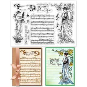 GLOBLELAND Retro Music Classical Lady Silicone Stamps for Card Making Musical Scores and Notes Clear Background Stamp for DIY Photo Album Scrapbooking Journal Embossing Decor