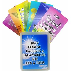 Positive Affirmation Cards for Kids and Teens - 54 Affirmations, 150+ Inspirational Questions with Storage Box - Inspire confidence and Positive attitude - Self Care Kit & Mindfulness Gift