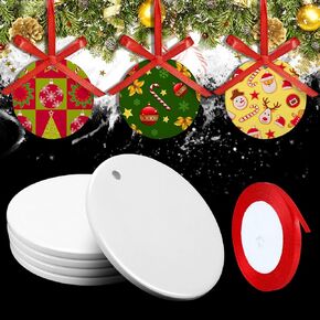 Sublimation Ceramic Ornaments 2.75 Inch Round White Ceramic Christmas Ornaments DIY Blank Hanging Ornaments Ceramic Personalized Tree Ornaments with Red Satin Ribbon (5 Pieces)