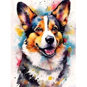 DIY Diamond Painting Kits for Adults, Corgi Dogs Watercolor Diamond Art 5D Diamond Dots Art Round Full Drill Gem Painting Embroidery Kits Gifts for Beginners 12x16 inch