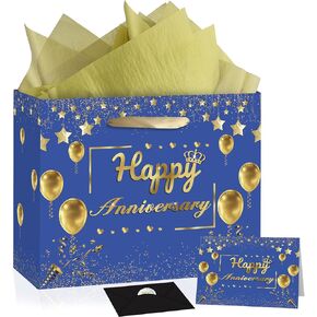 Anniversary Party Gift Bag, Black Gold Happy Anniversary Paper Gift Bag with Tissue Papers and Greeting Card, Wedding Anniversary Wrapping Gift Bag for Men Women, Wedding Anniversary Party Supplies