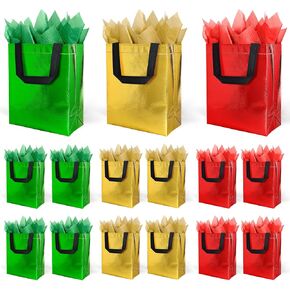 Whaline 12Pcs Christmas Non-Woven Tote Bags with 36Pcs Red Green Gold Tissue Paper Waterproof Goodie Gift Bags Xmas Reusable Party Treat Bags Grocery Shopping Bags for Holiday Favors