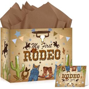 My First Rodeo Large Western Cowboy 1st Birthday Paper Bag with Greeting Card Tissue Wrapping Paper Gift Bag for Boy 1 Year Old Boy 1st Birthday Party Supplies Decor