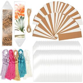 SWATOM Kraft Paper Blank Bookmarks Cardstock 50 PCS Bulk for DIY Classroom Projects Gifts Tags with Tassels PVC Tags (White & Brown)