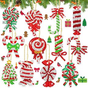Junkin 12 Pieces Christmas Diamond Art Ornaments Kit Diamond Painting Keychain Christmas Tree Candy Cane 5d DIY Christmas Hanging Diamond Art Kits Christmas Crystal Rhinestone Arts Craft