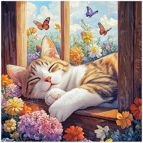 Sanjee Sleeping Cat Diamond Painting Kits for Adults, 5D Diamond Art Kits for Beginner, DIY Round Full Drill Diamond Dots Paintings Diamond Painting for Home Wall Decoration Gift, 12x12inch