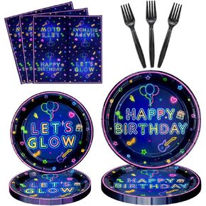 160 Pack Neon Party Supplies Glow Tableware Set Glow Party Plates Glow in The Dark Birthday Plates, Napkins and Forks Blacklight Party Decoration Neon Glow Birthday Party Decoration Favor Serves 40