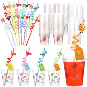 48 Set Dinosaurs Party Supplies Dinosaur Cups Dinosaur Party Favors Goody Cups with Gift Tags 12 oz Plastic Dino Cup with Lids and Straws Set for Dinosaur Party Decorations