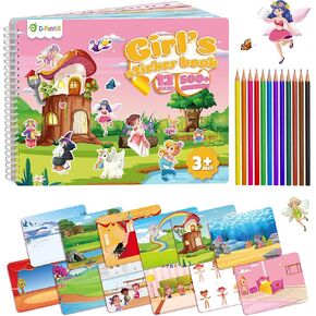 D-FantiX Girl's Sticker Book for Kids, Unicorn Mermaid Flower Fairy Animal 12 Scenes and 500+ Stickers, Toddler Airplane Travel Road Trip Essentials Activity Book, Arts & Craft Gift for Age 3-8