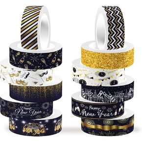 Adirasenotek Happy New Year Washi Tape Set 12 Rolls,Decorative Tape Washi Tape,Black Gold Washi Tape Decorative Tape for Scrapbook Journal DIY Art Craft Gift Wrapping Journaling New Year Supplies ﻿ in Kuwait