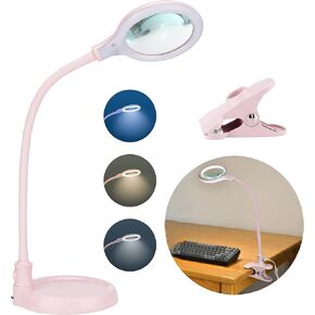10X Magnifying Glass with Light and Clamp, 3 Color Modes Stepless Dimmable Lighted Magnifier with Stand, Flexible Gooseneck LED Desk Lamp Hands Free, Magnifier Work Lamp for Women, Ladies
