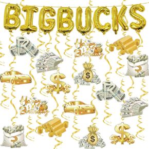 Money Party Decorations Big Bucks Balloons Gold Money Theme Hanging Swirls Dollar Bill Signs Currency Symbol Money Bag Happy Birthday Party Decorations for Adults Buchona Casino Gangster Party 31 pcs