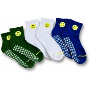 جوارب Smiley Grip مكونة من 3 قطع - مريحة ومبطنة للبيلاتس والاستوديو، وجوارب للكاحل ذات أداء غير قابل للانزلاق مع تصميم وجه سعيد