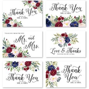 Hadley Designs 24 Navy Floral Burgundy Wedding Thank You Cards With Envelopes From The New Mr And Mrs Cards - Mr And Mrs Thank You Cards Wedding With Envelopes, Bride Thank You Wedding Cards