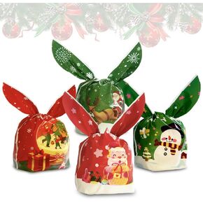 Yeabomy Christmas Candy Bags 100Pcs,4 Style Christmas Candy Bags，Cute Rabbit Ear Christmas Goodie Bags Christmas Cookie Bags for Christmas Party (Color Set 1)