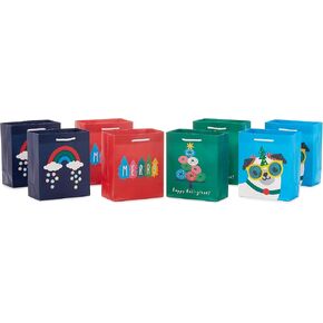 Hallmark 6" Small Christmas Gift Bags for Kids (8 Bags: Rainbow Candy, Donut Tree, Merry, Cute Pug Puppy) for Gift Cards, Holiday Party Favors, Teacher Presents