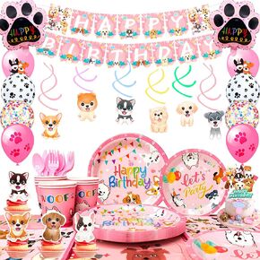 Puppy Birthday Decorations, Puppy Party Decorations Pink Dog Tableware Set Pink Puppy Plates Cups Napkins Dog Birthday Banner Balloons Cupcake Toppers etc Dog Birthday Party Supplies