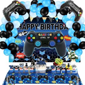 Video Game Party Supplies Set: Decorations with Happy Birthday Gaming Backdrop, Game Table Covers, Cake Topper, Foil Gamer Balloons, Multi-Color Balloons. Perfect for Game Party!