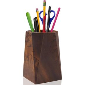 Winterworm Wooden Pencil Holder Walnut Wood Pen Container Pencil Holder Pen Cup Makeup Brush Holder Desk Accessories for Home School Office Organizer Desktop Bookshelf Decoration (Round)