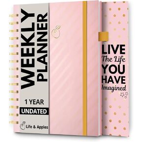 Life & Apples Weekly Planner - Undated Planner with Agenda and Goal Planner Focus - Weekly and Monthly Calendar with Journal Notebook Pages, Covers 12 Months, Pink Planner