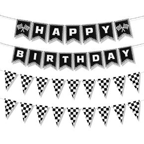 Black and White Race Car Birthday Banner, Checkered Pennant Flag Car Happy Birthday Banner Double-Side Racing Car Theme Birthday Party Banner Self Assemble Hanging Decoration Supplies