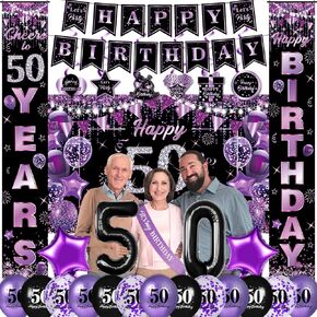Purple Sweet 16 Birthday Decorations for Girls Purple Black 16th Birthday Banner Hanging Swirls Sweet 16 Porch Banner Backdrop Purple 16th Birthday Balloons Sash for Sweet Sixteen Birthday Party