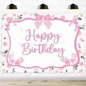 Coquette Happy Birthday Backdrop Banner - Pink Bow Birthday Party Decorations, Floral Happy Birthday Banner, Coquette Baby Shower Birthday Party Photography Backgrounds, 7x5Ft