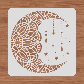 BENECREAT 12x12" Mandala Moon Plastic Stencils, Star Drawing Templates for Wood Wall Painting and Scrapbooking