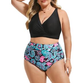 Women's Plus Size Halter V Neck Bikini Swimsuits High Waisted Ruched Tummy Control Swimwear