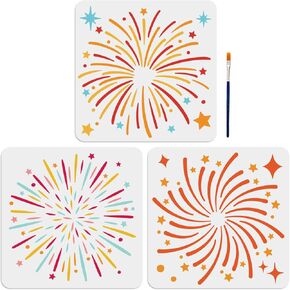 MAYJOYDIY 3pcs Fireworks Star Stencil 11.8×11.8inch Christmas Fireworks Template with Paint Brush Reusable Happy New Year Fireworks Drawing Stencil for Wood Wall Glass Window DIY Christmas Crafts
