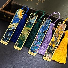 4 Pieces Metal Bookmarks with Tassel Golden Hollow Bookmark Oil Painting Theme Art Style Book Marks for Book Lovers Writers Readers Women Man Children Teens