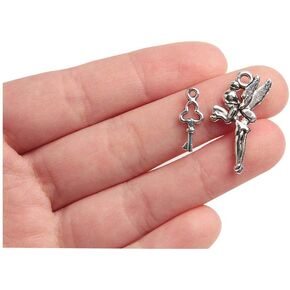 Acxico 40pcs Tibetan Silver Angel Fairy Charms Tinkerbell 25mm Jewellery Pendant 20 pcs and Tibetan Silver Dainty Key Charms Craft 15mm Jewellery Miniature 20pcs