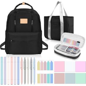 Geyoga 22 Pcs Aesthetic School Supplies Include 1 Aesthetic Backpack 1 Capacity Pencil Case 1 Lunch Box 6 Highlighters 5 Quick Dry Ink Pens 6 Transparent Sticky Note 2 Index Tabs(Pink)