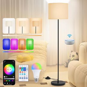Smart Floor Lamp, 60“ RGB Standing Lamp for Bedrooms with Remote Control & Alexa Voice APP, Dimmable Tall LED Modern Floor Lamp Linen Lampshade for Living Room, Office, Corner, Bulb Included