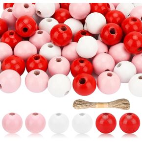 Lucleag 150Pcs Valentine's Day Wooden Beads, Red White Pink Wood Beads DIY Crafts, Wooden Beads Ornament with Hemp Rope for Valentine's Day Wedding Anniversary Celebration Decor Party Supplies