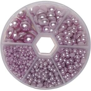 Libiline 1 Box 1170pcs Mix Sizes Round 3/4/5/6/8/10mm Flat Back Beads Half Pearl Scrapbooking Bead for Wedding Ornament (Pink)
