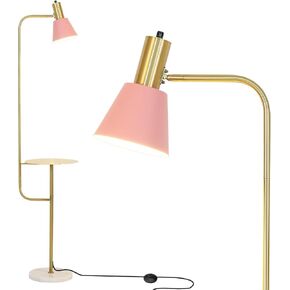 Hsyile Contemporary Modern Creative Floor Lamp with a Table,Suitable for Living Room,Den,Office,Bedroom - Standing Lamp Tall Floor Lamp - Brushed Brass Finish and Pink Lampshade