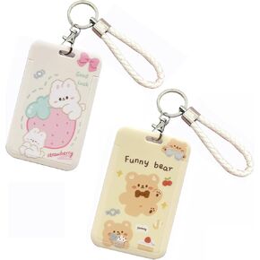 2 Pcs Kpop Photocard Holder Keychain Cartoon Animal PC Holder Kpop ID Badge Holder with Keychain Student Bus Card Pendant Keychain Hard Shell Protective Photo Sleeves (White and Yellow)