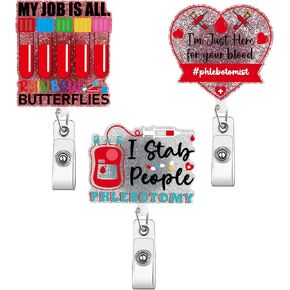 AFRITEE Blood Phlebotomist Badge Holder - Hospital School Nurse Supplies, ID Badge Holder Clip with Bling Acrylic Patch, Name Tag Cilps Retractable for Healthcare Work Docters Students